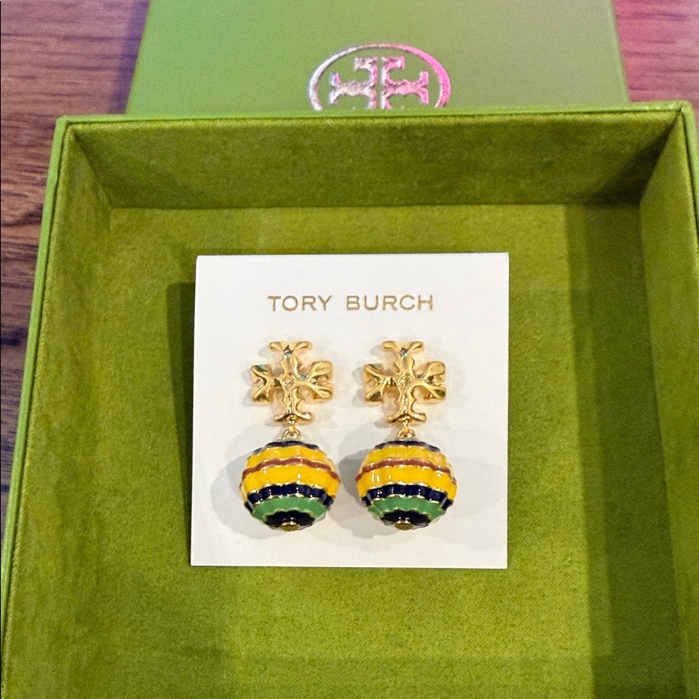 Tory Burch Gold Yellow, Green Blue Dangle Earrings Authentic
